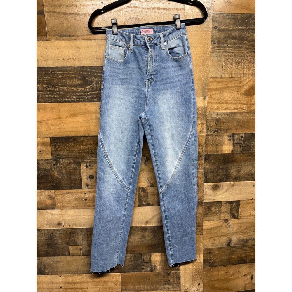 Juicy Couture Venice Heart Pocket High Rise Jean Blue Size 0 24 Raw Hem Straight